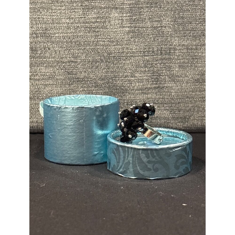 Vintage Silver AdjustableCostume  Cocktail Ring With Black Beaded Cluster Design
